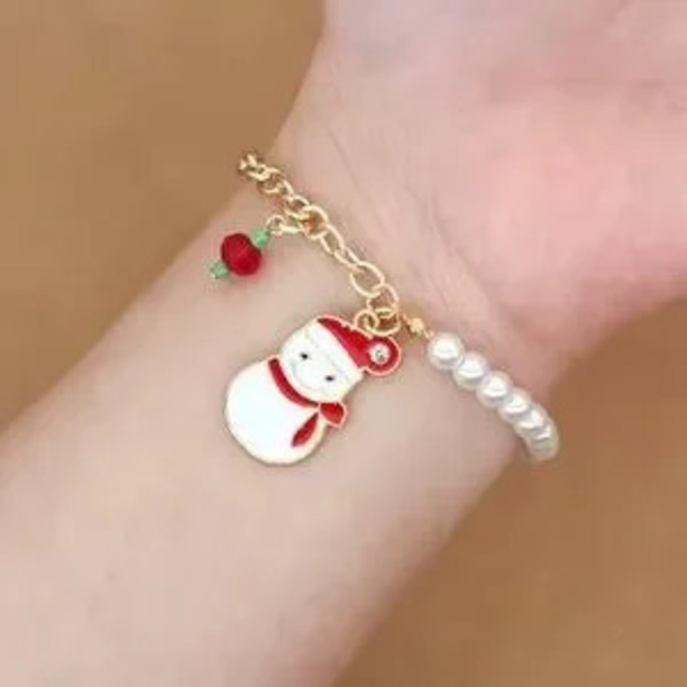 Snowman and Bells Charm Bracelet with Pearls Christmas bracelet 7+2 extension